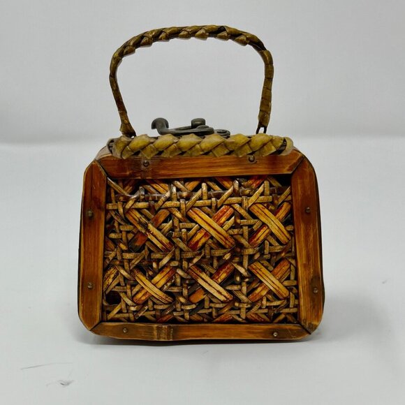Mini Vintage Wooden and bamboo Purse Storage Case - Picture 2 of 11
